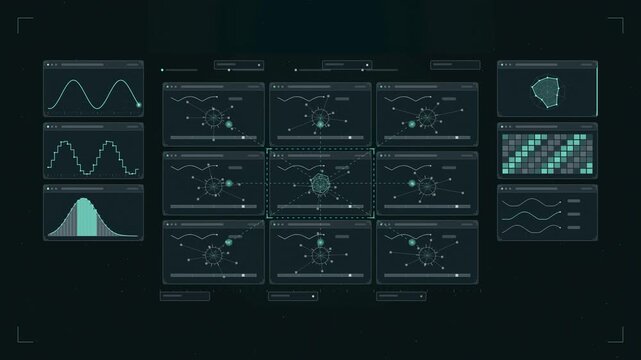 Abstract animated sync across regions pulsing drawn as cyan and teal lines and shapes on a deep dark background. Seamless looping 4K motion graphics video with free space for text, ideal for technolog