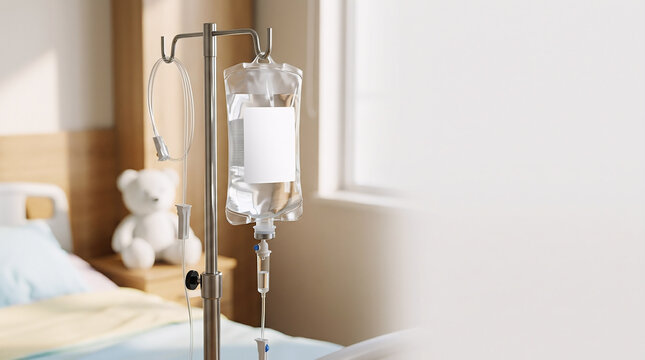 Medical intravenous drip stand with saline bag in pediatric hospital room iv bag iv drip
