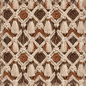 Bohemian macrame pattern with intricate knots and tassels, rustic woven textile background, earthy brown and cream fiber art texture