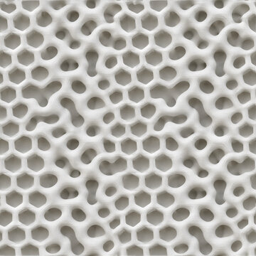 Organic white voronoi pattern, 3D cellular mesh texture, abstract parametric honeycomb structure, futuristic architectural surface background