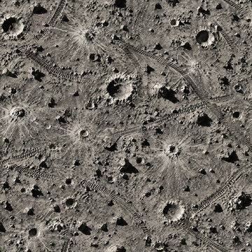 Moon surface texture with impact craters, lunar landscape aerial view, gray rocky terrain of an asteroid or alien planet, celestial space background