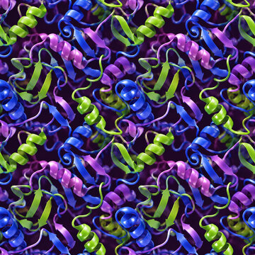 Molecular protein structure seamless pattern, colorful DNA helix and amino acid chains, vibrant microscopic biochemistry background