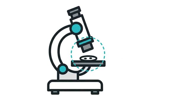 Scientific microscope analyzing cell samples in motion for educational research purposes within this digital animation clip
