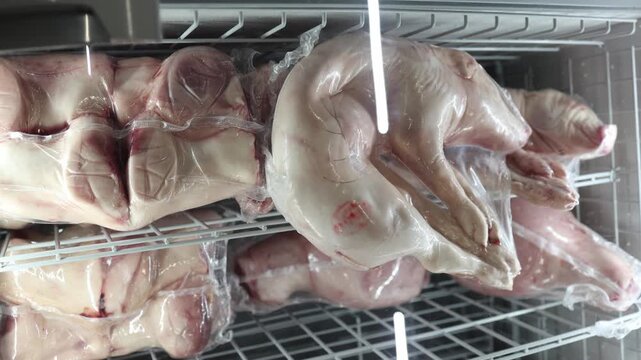 Frozen pork heads and meat cuts vacuum packed in clear plastic and stacked in freezer storage for commercial food processing butcher supply retail and cold chain handling