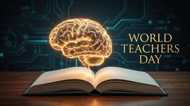 World teachers day brain floating above open book illustration
