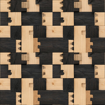 Geometric wood joinery pattern, interlocking timber blocks in black and natural oak, seamless wooden puzzle texture for interior design