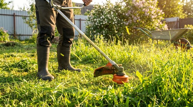 Professional grass trimmer cutting overgrown lawn in sunny garden, gardener using string trimmer for backyard maintenance, landscaping service with power tools