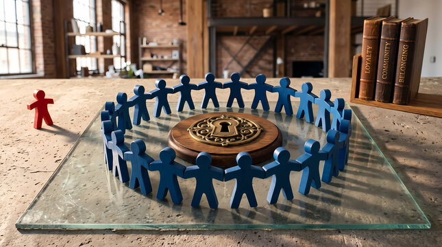 Blue Wooden Figures Forming Circle Around Keyhole with Red Figure Standing Outside Concept of Inclusion and Exclusion