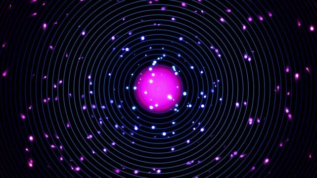 Abstract quantum physics model with rotating glowing particles on loops.