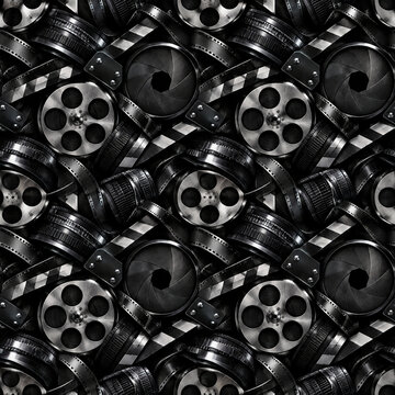 Vintage cinema seamless pattern, monochrome film reels and camera shutters, retro movie production background with clapperboards and celluloid strips