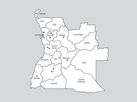 Detailed Outline Map of Angola with Provinces and Cities - Black and White Vector Illustration