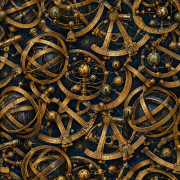 Vintage brass armillary sphere pattern, antique nautical navigation instruments, celestial globe and sextant background for luxury wallpaper