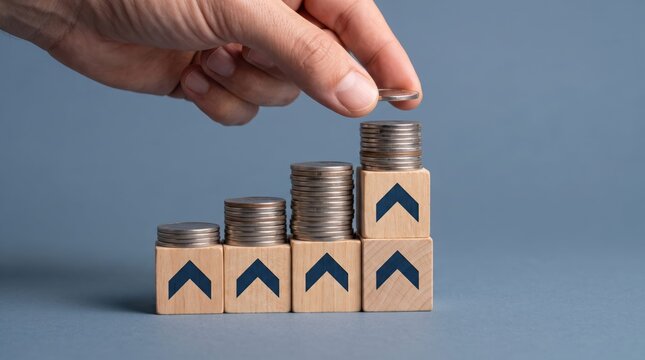 Hand adding coin to growing stack of money blocks with upward arrows