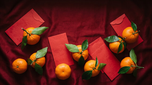 Mandarin oranges and red packets on red silk, prosperity and luck concept