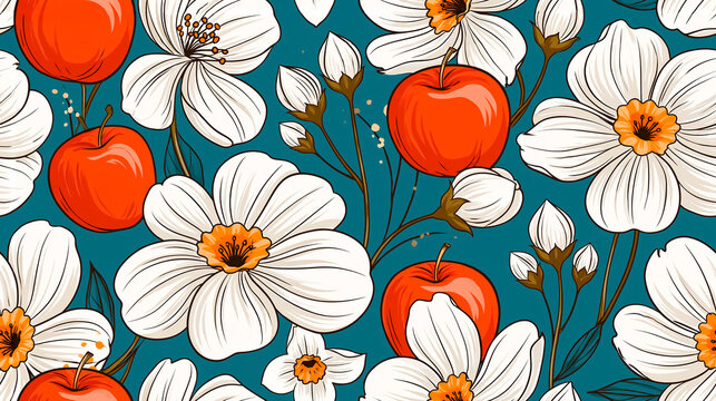 Seamless pattern of apples and jasmine flowers