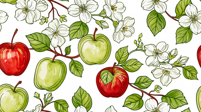 Seamless pattern of apples and jasmine flowers