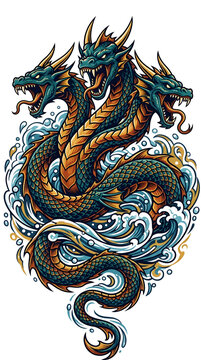 Mythical Three Headed Dragon Emerging from Water Waves