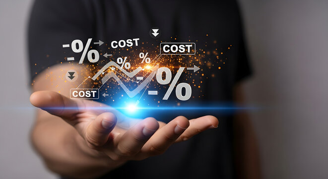 Business Professional Holding Digital Percentage Growth Chart and Cost Reduction Strategy Symbols for Financial Success and Market Analysis