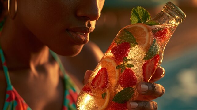 Close-up of a woman smiling. She holds a glass bottle filled with fruit. Fresh strawberries and orange slices float inside. Green mint leaves add color. She gazes at the drink content