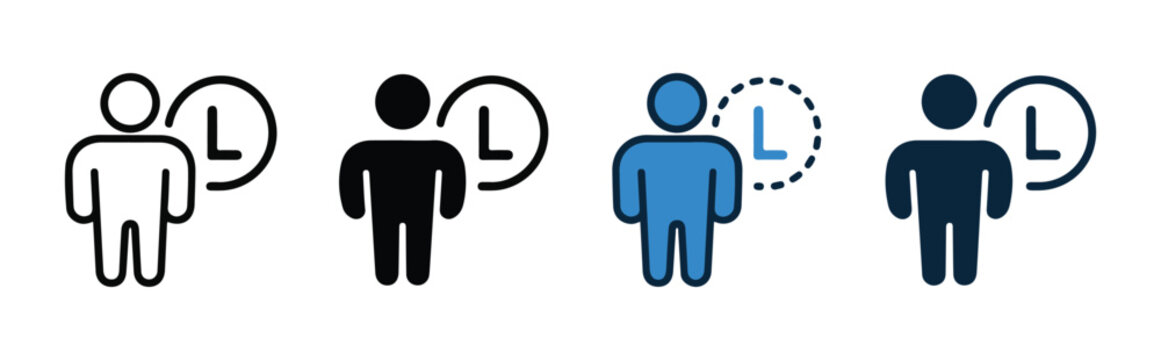 Waiting list man icon set with clock symbols for appointment scheduling and time management systems.