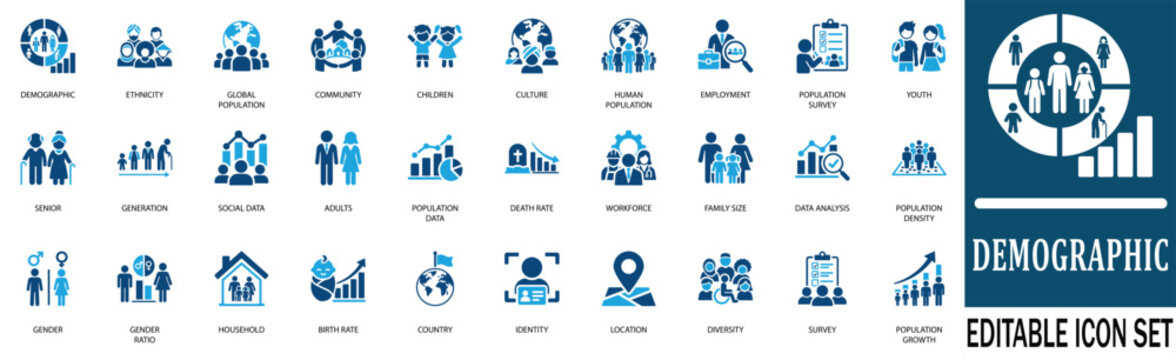 Demographic and population icon set featuring population data, ethnicity, social diversity, birth rate, family size, workforce, generation, global culture and survey glyph symbols.