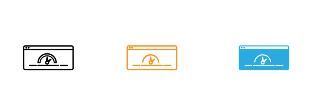 Set of three speed test icons in black orange and blue line art styles