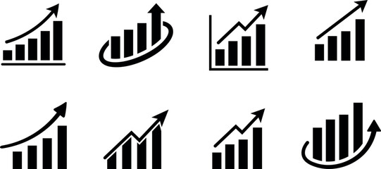 Obraz premium A collection of black and white business growth bar chart icons showing upward trends for financial data analysis