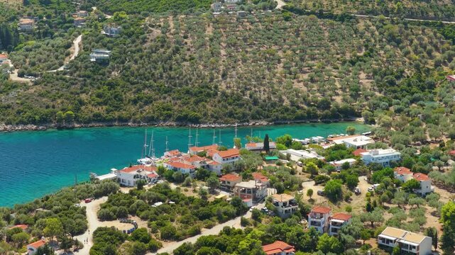 Aerial view of Steni Vala, a coastal village on Alonnisos island, Greece. The tranquil charm of this Greek island destination in summer, with no people visible