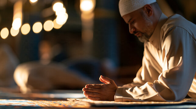 Faceless man praying on a rug inside a mosque during the evening light, islamic prayer and devotion concept, with copy space