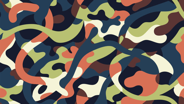 Seamless Flat Graphic Camouflage Pattern with Flowing Wavy Lines and Layered Green Blue Beige Brown and Orange