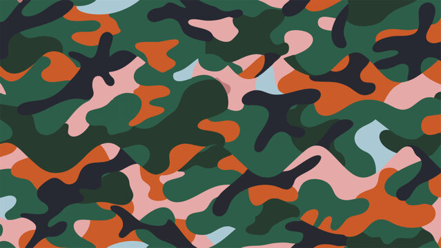 Seamless Camouflage Textile Pattern with Irregular Organic Shapes in Green Orange Pink Blue and Dark Gray
