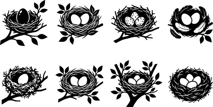 Set of black and white bird nest silhouettes with eggs on branches vector illustration