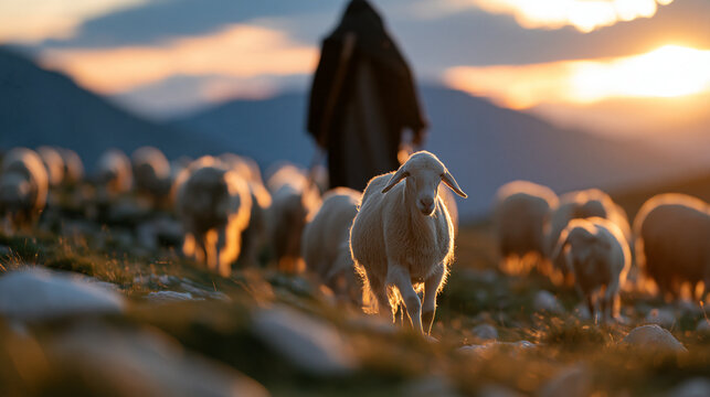 Faceless shepherd guiding a flock of sheep across a rocky mountain pasture at sunset, parable of care, guidance and spiritual leadership, with copy space