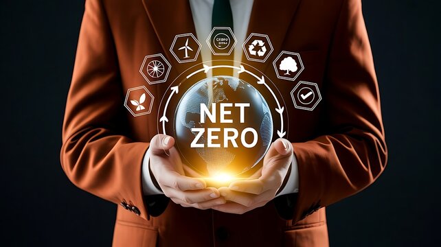 Business man holding globe with net zero emission concept and sustainability icons for green energy