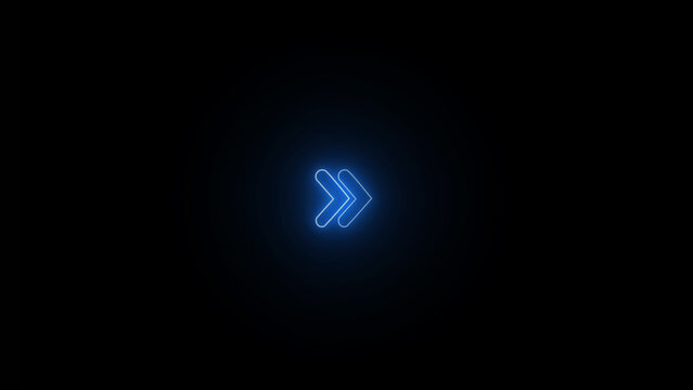 Glowing blue neon double forward arrow symbol icon on black background with interface technology abstract software direction