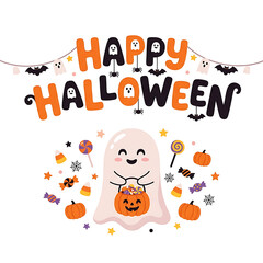 Fototapeta premium Halloween greeting vector illustration with cute ghost, pumpkins, candy, and spooky lettering on a white background