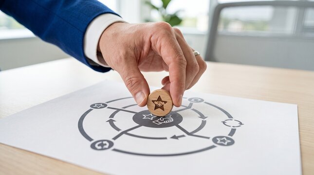Business person placing a wooden star token on a strategic marketing diagram