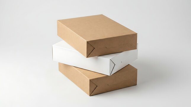 A stack of two brown cardboard boxes and one white paper box sitting together in a neat pile order. blank cereal box