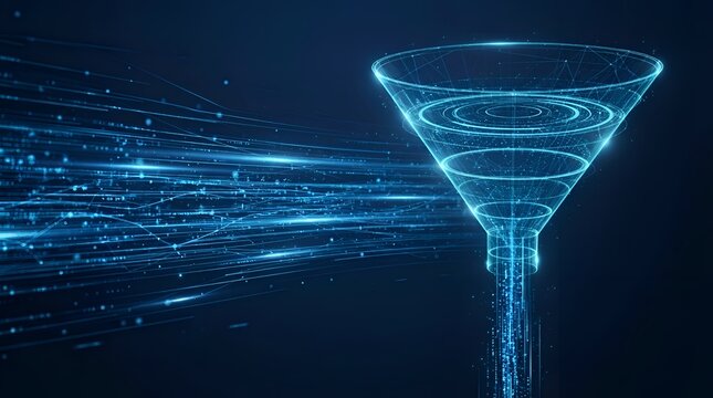 Abstract Blue Digital Funnel for Big Data Filtering and Information Management Processing Concept with Glowing Light Trails and Particle Streams Representing Network Flow and Analysis Technology