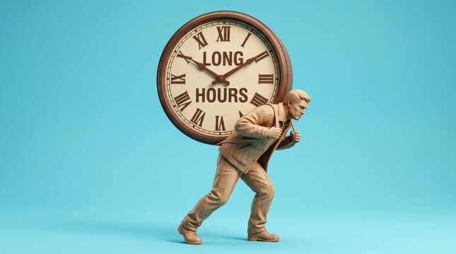 Cartoon man struggling with giant clock showing long hours