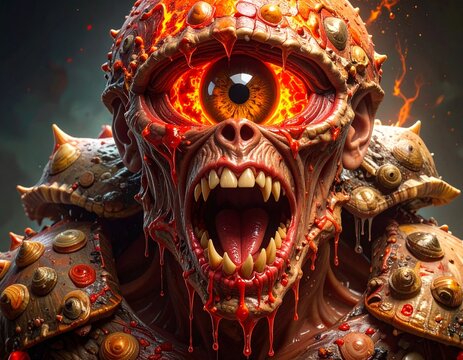 Terrifying cyclops monster face with fiery eye and sharp teeth