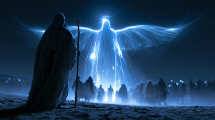 Fototapeta premium Faceless glowing angelic figure with wings protecting ancient people from an approaching army, a leader with a staff guiding a group in the desert at night, divine protection and