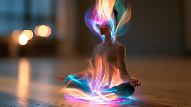 Faceless woman meditating peacefully with vibrant energy flames above her head, symbolizing third eye activation and spiritual enlightenment in a serene indoor setting, with copy