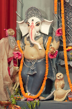 idol of Ganesha, the elephant-headed Hindu deity, son of Shiva. Being worshipped (with Kala bou, sacred banana plant) along with Goddess Durga during Durga puja festival. Shot inside a puja pandal.