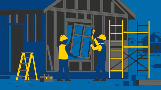 Two builders installing a window on a house frame at night. They are wearing hard hats and safety vests. A ladder and scaffolding are nearby.