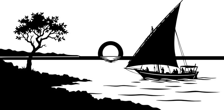 Traditional Sailboat Silhouette at Sunset Coastal Illustration