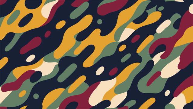 Vector Vibrant Organic Wave Pattern with Yellow Red Green and Cream Camouflage-Inspired design