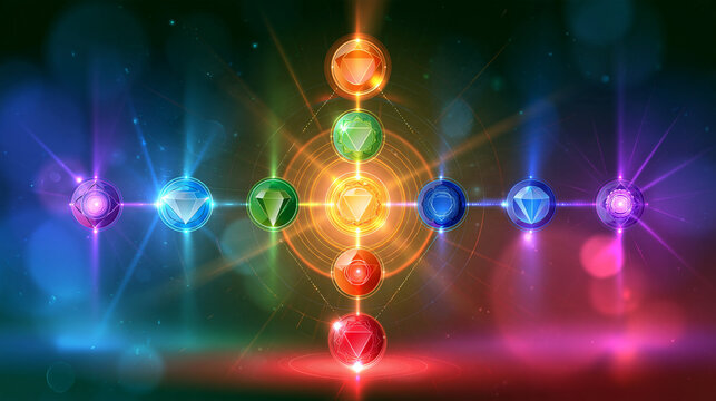 Illustration of the seven chakras and their meanings displayed on a bright background, spiritual wellness concept, energy centers, educational infographic, colorful design, with