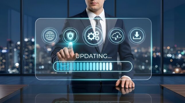 Professional executive in a formal suit interacting with a futuristic holographic digital interface display showing a software update progress bar and security icons in a modern office at night.