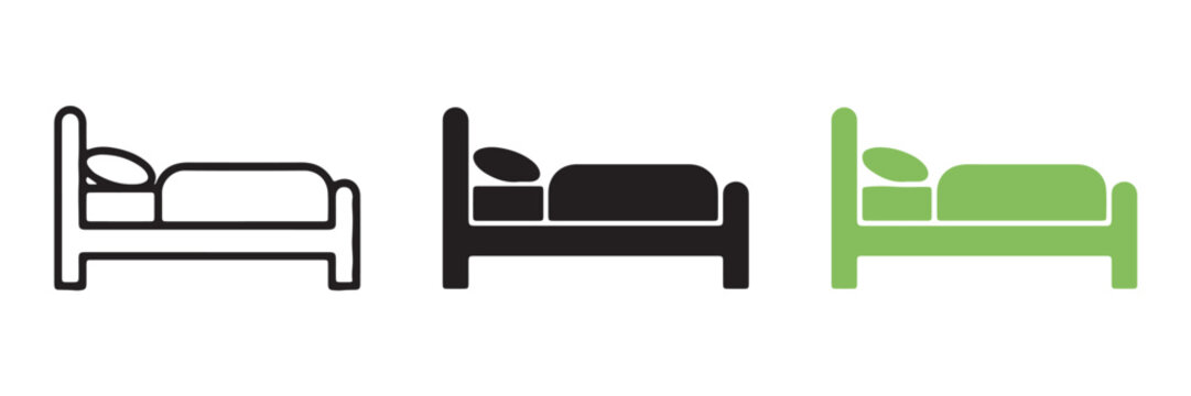 Bed hotel icons in minimalist flat style featuring three variations for travel and hospitality vector graphic